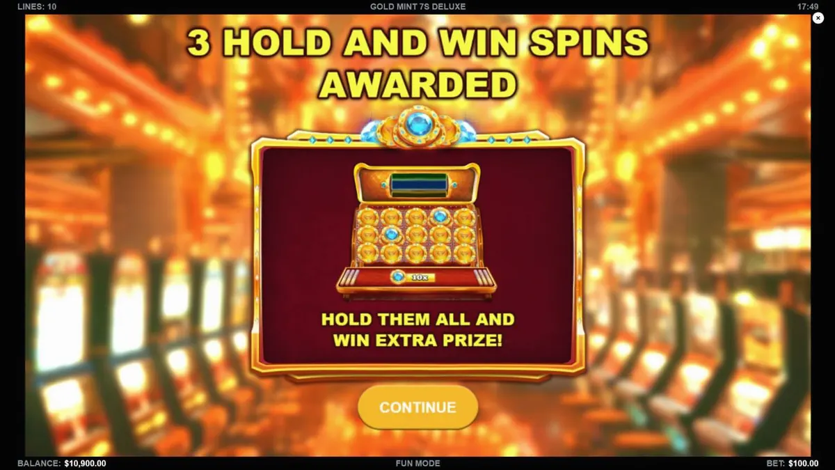Tampilan visual mewah slot Gold Mint 7s Deluxe dengan tema emas dan permata.