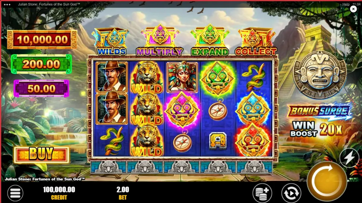 Tampilan visual slot Julian Stone: Fortunes of the Sun God dengan latar belakang reruntuhan Aztec.